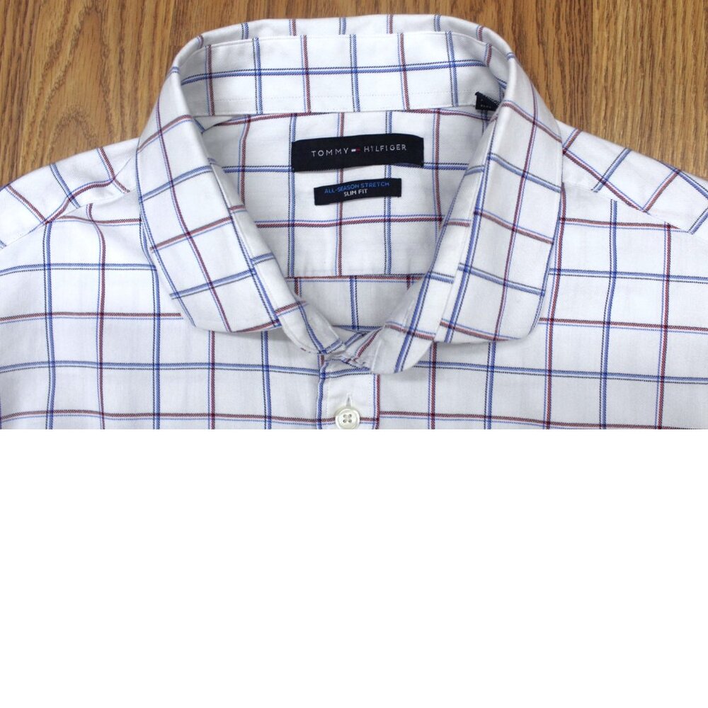 TOMMY HILFIGER SLIM FIT COTTON/POLY/SPANDEX SHIRT WINDOWPANE 16 1/2, LARGE, L